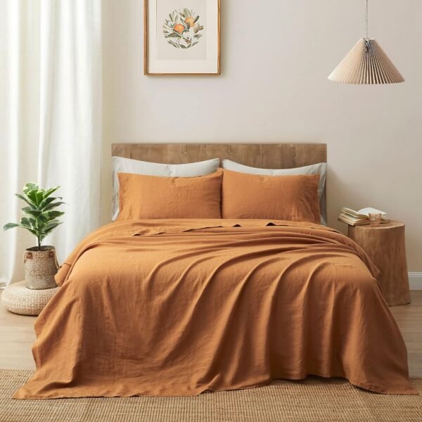 ATLINIA Bedding Linen Sheets Set Bed - 100% French Linen Sheets King Size Organic Flax Bedding Farmhouse Boho Style - Deep Pocket Fitted Sheet & Flat Sheet & 2 Pillowcases (Rust, King)