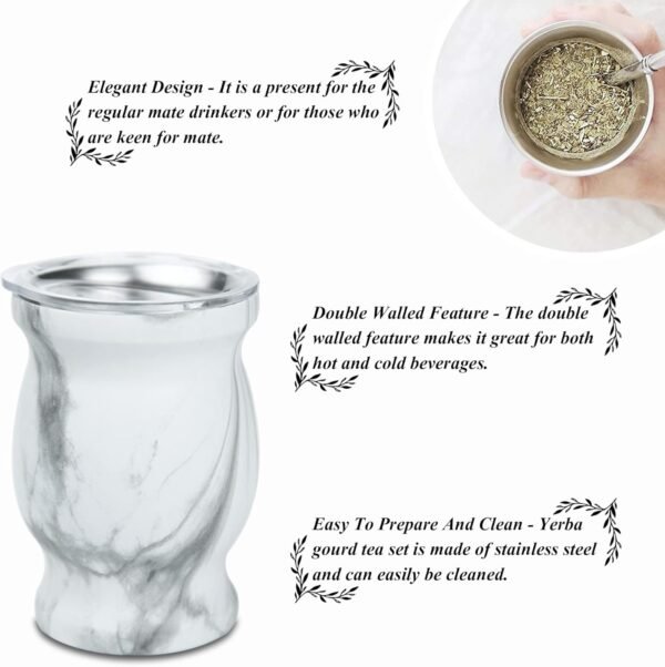LA FEE Yerba Mate Natural Gourd/Tea Cup Set Brown (Original Traditional Mate Cup - 8 Ounces)，Includes Yerba Mate Straw & Cleaning Brush，Stainless Steel | Double-Walled | Easy to Clean (White) - Image 6