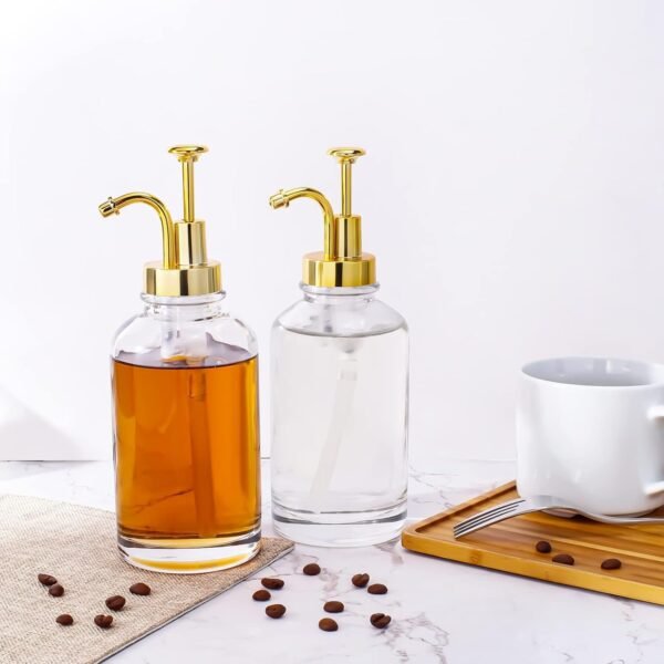 2 Pack Thick Clear Glass Jar Soap Dispenser with Gold Pump, 17ounce Clear Boston Round Bottles Dispenser with Rustproof Pump, Coffee Syrup Dispenser Bar Accessories, Dish Soap Dispenser for Kitchen - Image 5
