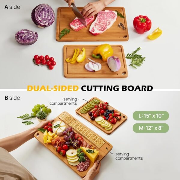 Bamboo Cutting Board, Durable Wood Cutting Boards for Kitchen with Deep Juice Grooves & Built-in Handles (L+M) - Image 5