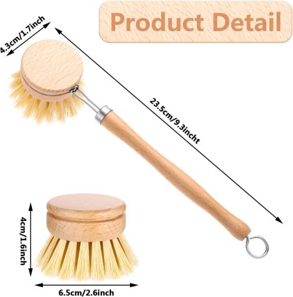Dish Brush with Beechwood Handle with 2 Replacement Heads Natural Wood Dish Scrub Brush for Washing and Cleaning Pots and Pans - Image 2