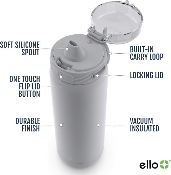 Ello Cooper 32oz Stainless Steel Water Bottle with Straw and Carry Handle, Double Walled and Vacuum Insulated Metal, Leak Proof Locking Lid with Soft Silicone Spout, Reusable, BPA Free, Grey - Image 2