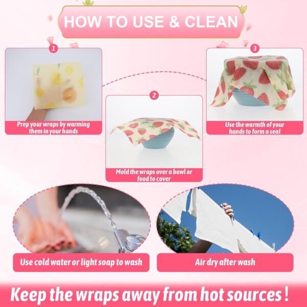Reusable Beeswax Wrap 6Pcs Beeswax Wraps for Food Eco-Friendly Beeswax Food Wraps Bread Sandwich Wrapper Organic Sustainable Zero Waste Plastic-Free Food Storage Wrap - Image 4