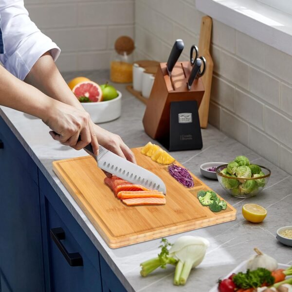 Cutting Boards,Large Bamboo Chopping Board, Built-In 3 Compartments And Juice Grooves, Charcuterie Board for Kitchen Counter Meat (Butcher Block) Cheese, Vegetables,Bread (17 x 12.6") - Image 6