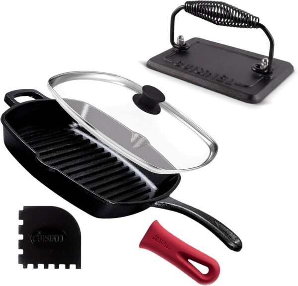 Cuisinel Cast Iron Grill Pan + Rectangular Cast Iron Grill Press + Tempered Glass Lid + Pan Scraper – Pre-Seasoned Ribbed Skillet – 10.5"-Inch Square Grillig Indoor/Outdoor Camping Fire BBQ Cookware
