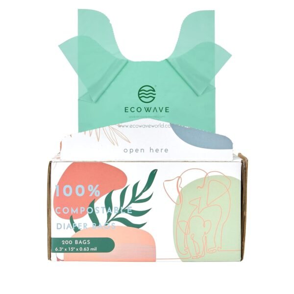 ECO WAVE Compostable Diaper Bags, 200 bags, ASTM D6400, EN 13432, US BPI and Europe OK Compost Home Certified Disposable Biodegradable Baby Poop Bags