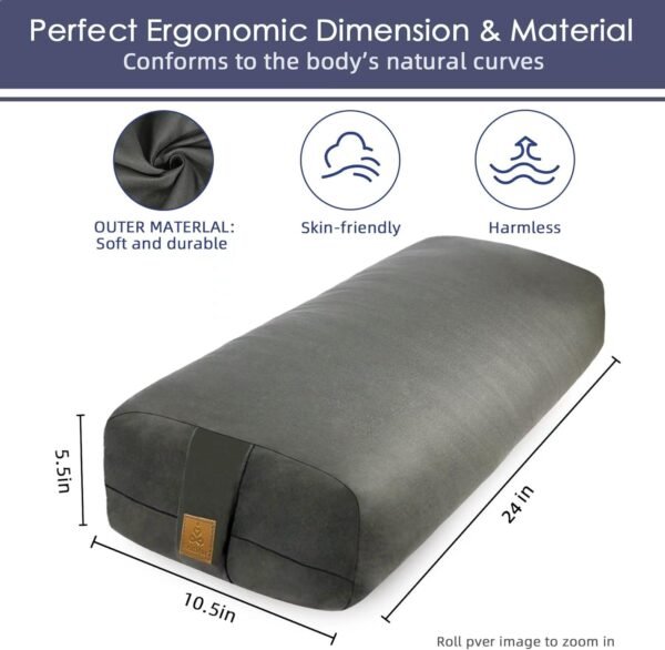 Organic Buckwheat Bolster (24X10.5X5.5 in) Yoga Bolster Supportive Yoga Cushion for Restorative Yoga Accessories Rectangular Meditation Pillow 100% Cotton Cover Yoga Pillow - Image 2
