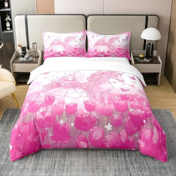 Cartoon Unicorn Princess 100% Organic Cotton Comforter Cover (Not Comforter)Tulip Flowers Glitter Stars Castle Duvet Cover Set Queen Size for Bedroom Kawaii Animal Pink Bedding Set with 2 Pillowcases