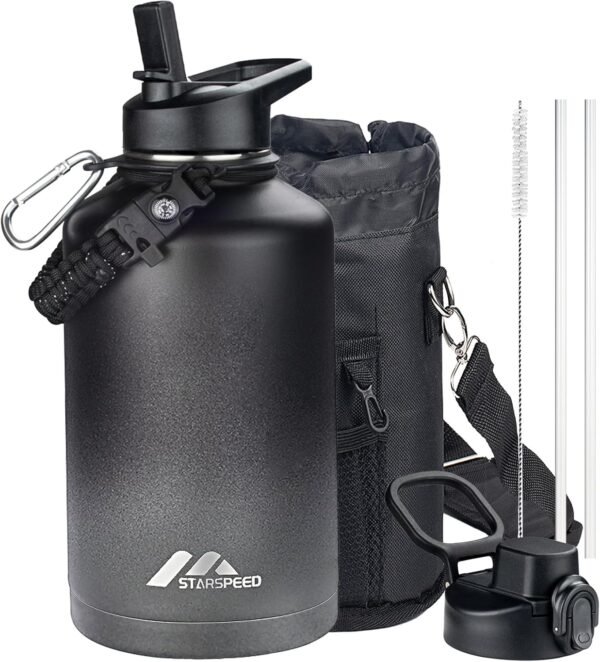 StarSpeed 64oz Insulated Water Bottle with Straws & 2 Lids, Half Gallon Stainless Steel Double Walled Vacuum Water Jug, Large Wide Mouth with Paracord Handle for Gym Camping Hiking, Dark Gray