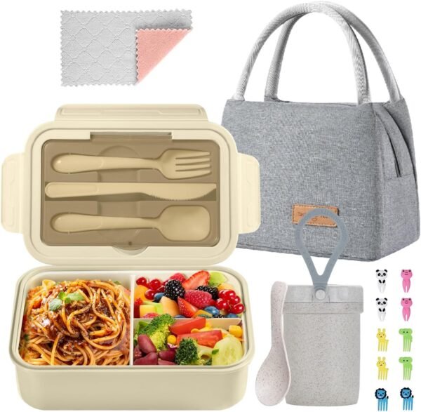 Bento Lunch Box for Kids, Bento Box Adults Lunch Box Leak-proof for Kids Toddler Teens School, Lunch Box Containers Durable with Lunch Bag, Cup, Spoon, Forks, Dishcloth（Khaki Set）