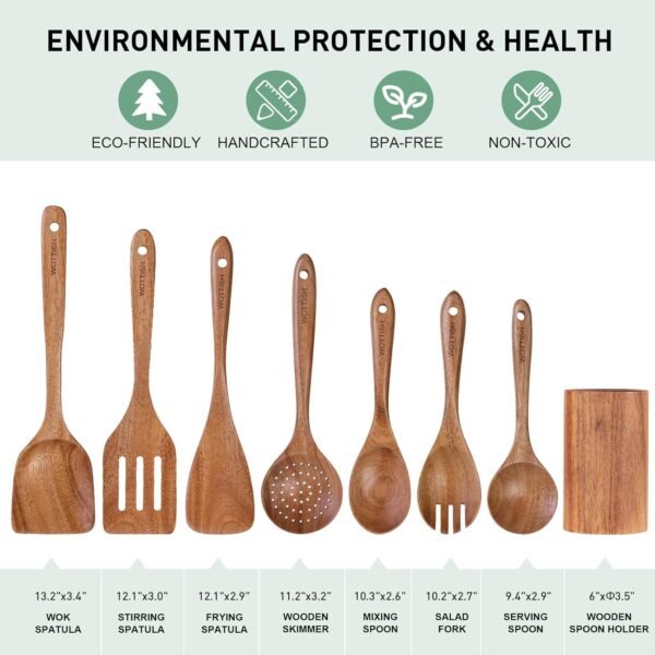 Wooden Spoons for Cooking - 8-Piece Wooden Kitchen Utensil Set made of Natural Solid Wood Material - Includes Spoons, Spatulas, Ladles, Strainer Spoon, Salad Fork, Mixing Spoon and Utensil Holder - Image 2
