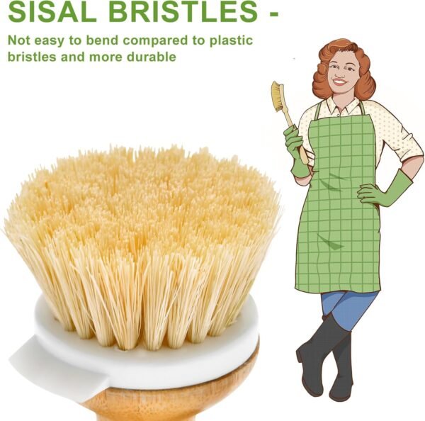 SUBEKYU Bamboo Dish Brush, Kitchen Dish Scrubber Brush with Soap Dispenser, Natural Wooden Dishwashing Brush for Cleaning Dishes/Pans/Pots, Built-in Scraper, Sisal Bristles,1 Set - Image 2