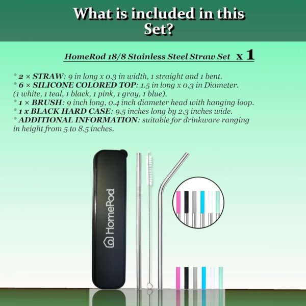 Pack of 10: 2 Stainless Steel Reusable Straws 9 inches long, 6 Silicone Tips, 1 Straw Brush and 1 Hard Travel Case. Drinking Metal Straw for Cup Mug Tumbler 12 to 30 oz, Ideal for Hot Cold Beverages - Image 3