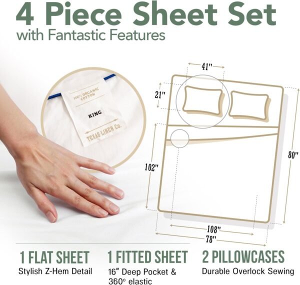 TEXAS LINEN CO. 100% Organic Cotton Percale Sheets King Size - White Cotton Percale Sheets King, 4 PC King Percale Sheet Set, Breathable, Crisp, Cooling Sheets, 16" Deep Pocket Hotel Sheets King Size - Image 4