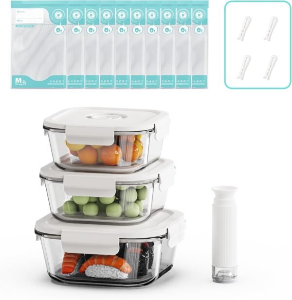 Vacuum Seal Glass Food Storage Containers with Sous Vide Bags, Meal Prep Container with Airtight Locking Lids for Lunch, BPA Free, Leak Proof, Long-Lasting Freshness-Square Set