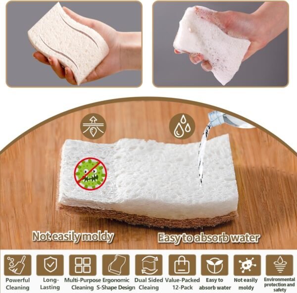 Natural Dish Sponges Kitchen - 12 Count Coconut Scrubber Sponge, Biodegradable Compostable Cellulose, Eco Friendly Sponges for Dishes, Ideal Stocking Stuffers, Non Scratch - Image 2