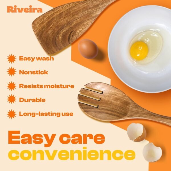 Riveira 9 Pieces Teak Wooden Spoons For Cooking – Premium & Durable Organic Teak Wooden Cooking Utensils – Non Stick Wooden Spatula For Cooking – Non Toxic Wooden Utensil Set With Holder & Spoon Rest - Image 3
