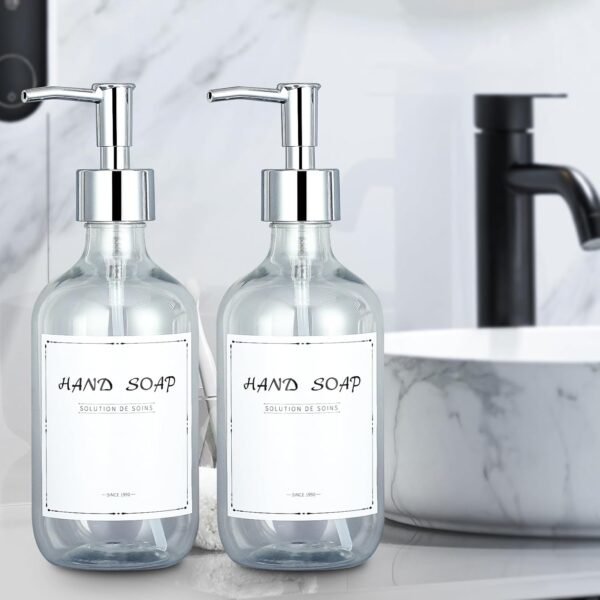Gappo Soap Dispenser Set, 16.9 Oz Plastic Dish Bottle with Stainless Steel Pump, 2 Pack Hand Kitchen and Bathroom Soap Dispenser with 6 Waterproof Lables, Clear - Image 2