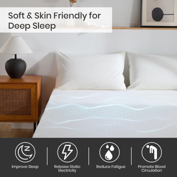 Grounding Sheets 5% Pure Silver Fiber 95% Organic Cotton Superior Earthing Fitted Sheet 400 Threads Earth Connected Bed Sheet with Pen Socket Tester and Long Grounding Cord (Queen 60"x80"x15" White) - Image 2