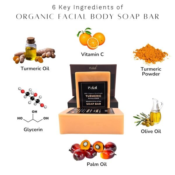 Pack of 2 - Organic Turmeric Face and Body Soap Bar, Vitamin C, Palm Oil, Olive Oil, Turmeric Oil, Turmeric Powder, with 1 Bamboo Wooden Soap Dish Tray - Birthday, Housewarming, Wedding Gift - Image 2