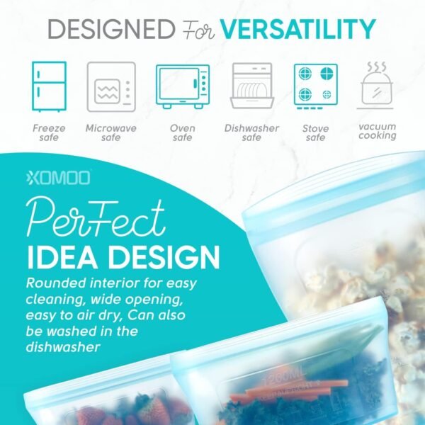 Reusable food container silicone bag, Upgrade second generation 6 Pcs Containers Storage, 100% Silicone Food Bag, Stand Up Preservation Rounded interior for easy cleaning. - Image 5