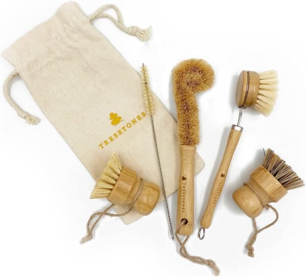 Natural Bamboo Dish Brush Set - Kitchen Dish Brush Set - Wooden Dish Brush Set with Holder - Bamboo Dish Scrub Brush - Wood Dish Brush Set - Bamboo Dish Brush with Holder - Eco Friendly Dish Brush