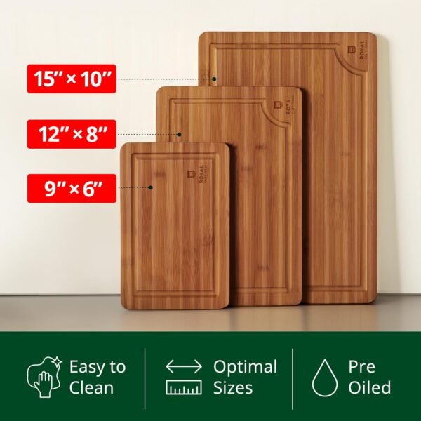 ROYAL CRAFT WOOD Wooden Cutting Boards for Kitchen Meal Prep & Serving - Bamboo Wood Serving Board Set with Deep Juice Groove Side Handles - Charcuterie & Chopping Butcher Block for Meat (3 Pcs) - Image 3