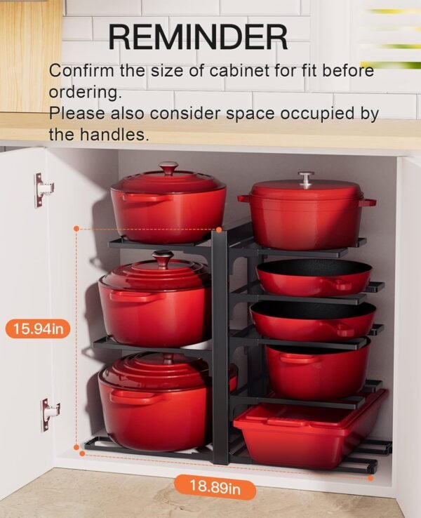 ORDORA Pots and Pans Organizer: Rack for Cabinet, 8-Tier Heavy Duty 120LBS Pots Pans Organizer Rack under Cabinet Adjustable for Dutch Ovens, Cast-iron Pans, Heavy Skillets Griddles, Shallow Pots - Image 6