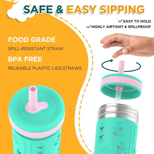 Tronco Stainless Steel Sippy Toddler Cups, 10 oz Mason Jar Kids Smoothie Cups with Silicone Sleeves and Straws, Spill Proof, BPA-Free, Toddler Snack Cups - Image 3