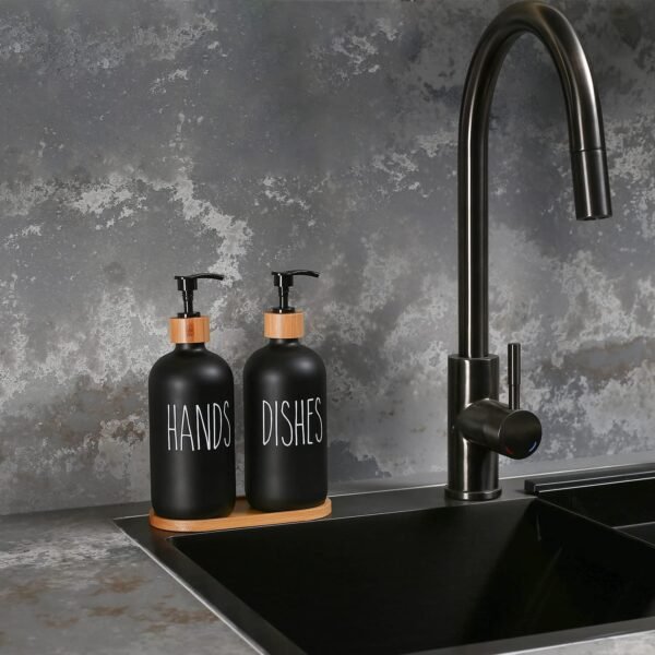 MOMEEMO Matte Black Glass Soap Dispenser Set - Hand and Dish Soap Dispensers Suitable for Rustic Kitchen Decor (Black) - Image 3