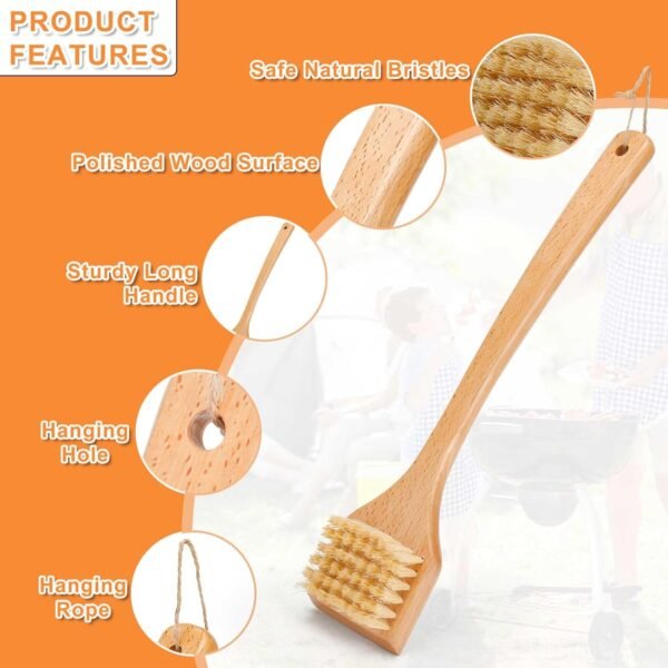 Wood Grill Brush, Grilling Accessories for Outdoor Grill, BBQ Grill Cleaner Brush with Long Wood Handle, Safe Grill Cleaner Brush Works for All Grill Types, No Metal, No Plastic - Image 2