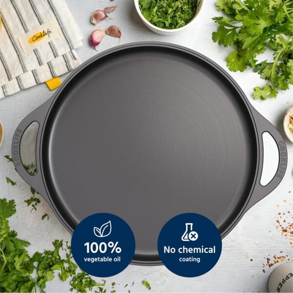 12" Smooth Cast Iron Griddle with Pan Scraper and Mesh Dish Scrubber, Round Pre-Seasoned Griddle Pan for Stove Top, Easy to Clean & Maintain Pizza Pan, Dishwasher & Oven Safe Stovetop Griddle - Image 3
