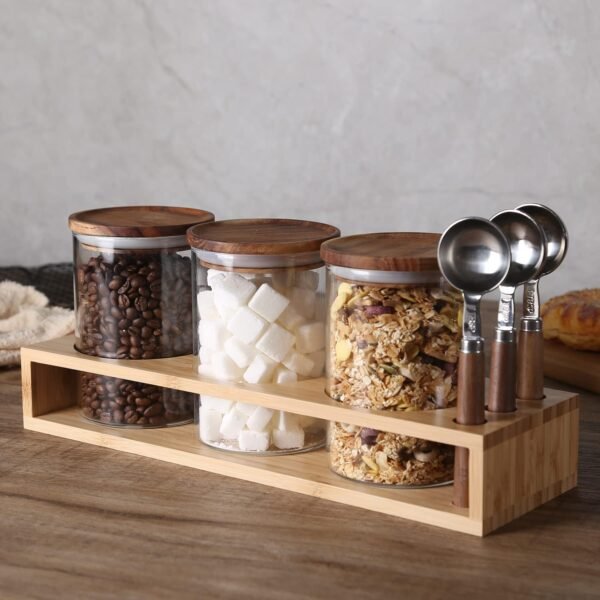 KKC HOME ACCENTS Sealed Glass Food Storage Jars with Scoop for Kitchen Counter,Glass Tea Canisters for Loose Tea,Ground Coffee,Bean,Sugar,Nut,Wooden Top Glass Containers with Spoons,25 Fluid-oz - Image 3