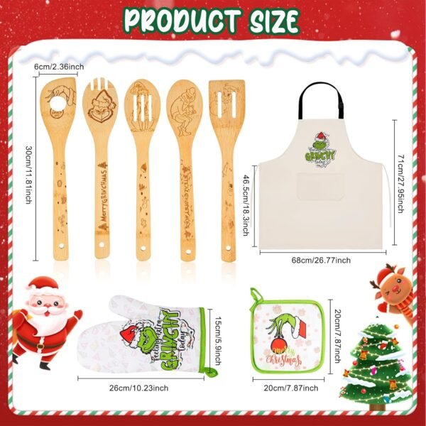 8-Piece Bamboo Christmas Kitchen Utensil Set - Green Monster Design Cooking Spoons, Apron, Oven Mitt & Pot Holder - Christmas Gift for Women, Wife, Mom, and Grandma - Image 2