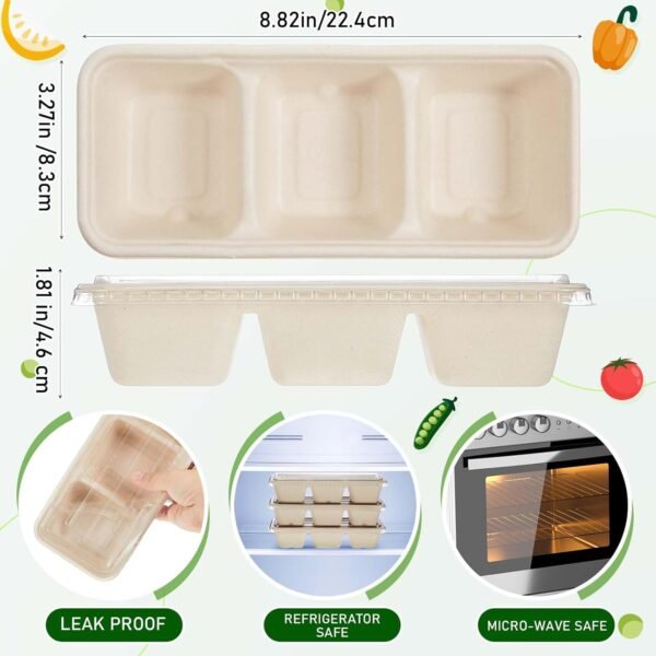 Hushee 25 Pack 17 oz Small Meal Prep Containers 3 Compartments with Lids, Disposable Plastic Bento Boxes Reusable Stackable Food Containers Travel Lunch Boxes for Office, Picnic (Natural) - Image 2