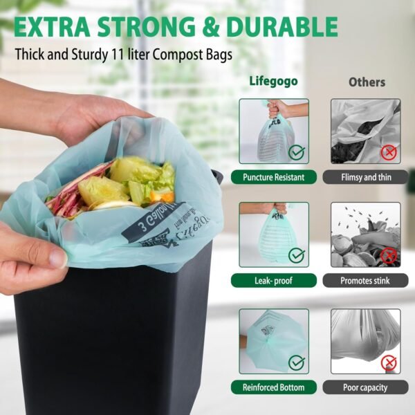 Compostable Trash Bags 3 Gallon: Biodegradable Small Compost Bags, 11 Liters Kitchen Food Scrap Compost Bin Bags,1.5 Mil, Extra Thick Kitchen Compost Bags for Countertop Bin (100 Count,1.5 Mil) - Image 4
