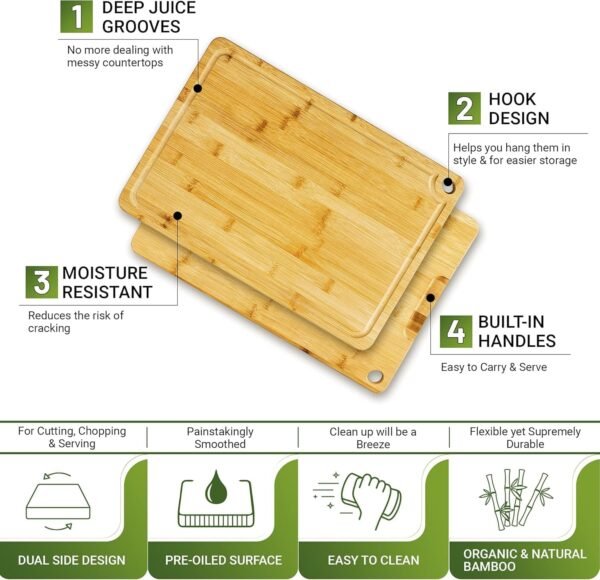 Bamboo Cutting Board Extra Large - Organic Wooden Cutting Boards for Kitchen, Vegetable & Meat Cutting Board - Cutting Board with Juice Groove, Handles & Hanging Hole - Image 2