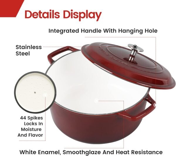 Enameled Cast Iron Dutch Oven with Lid, 7.5 Quart, Bread Oven, Enameled Cast Iron Cookware for Soup, Meat, Bread, Baking, Wine Red - Image 4