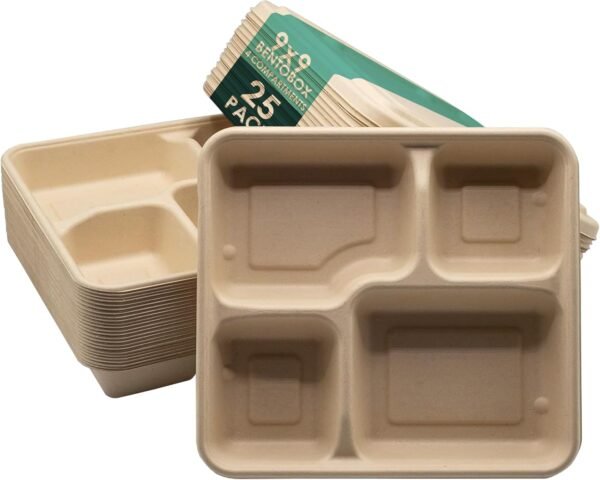 Ethereal Earth Take Out Food Containers [BPI Certified], 9X9 4-Compartment Meal Prep Lunch Bento Boxes with Lids, 25 Pack, Natural Disposable, Heavy Duty, Biodegradable,Made of Bagasse