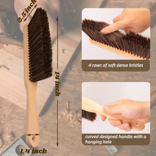 2 Pieces Woooden Dust Brush Hand Broom Bench Brush with Long Wood Handle Whisk Broom Soft Bristle Brush for Counter Bed Sofa Car Fireplace Clothes Household Cleaning(Khaki) - Image 3