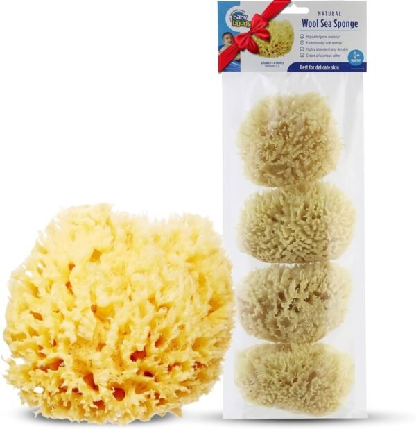 Baby Buddy Natural Wool Sea Sponge, Newborn Bath Time Essential, Ultra Soft for Delicate Skin, Hypoallergenic and Biodegradable, 4 Pack