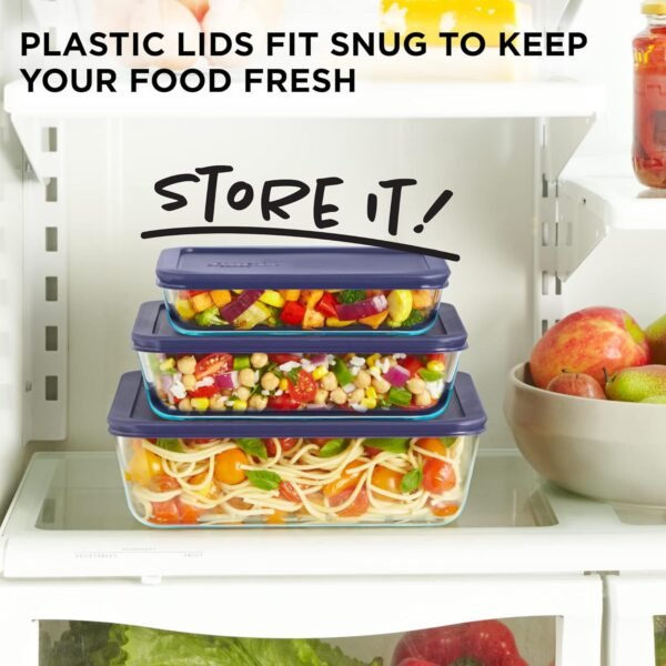 Pyrex Simply Store 3-Pack (3, 6 & 11 Cup) Large Rectangular Glass Food Storage Containers Set, Snug Fit Non-Toxic Plastic BPA-Free Lids, Freezer Dishwasher Microwave Safe - Image 3
