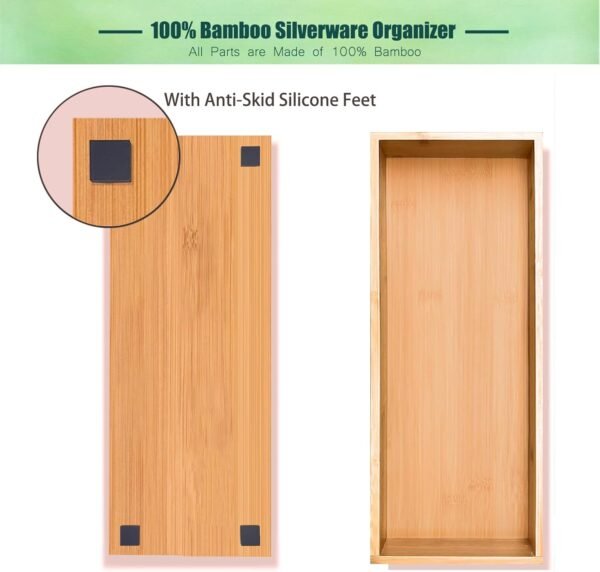 Set of 2 Bamboo Drawer Organizer, Stackable Utensil Organizer for Kitchen, Bamboo Storage Box Wood Silverware Tray for Drawer - Image 3