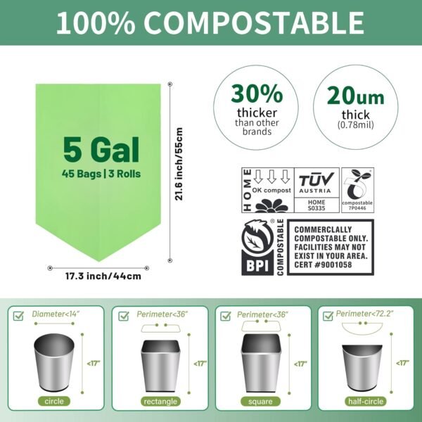 5 Gallon Trash Bags Compostable 100% Compost Small Garbage Bag Extra Thick 0.78 Mil for Kitchen Bathroom BPI Certified 45 Counts, Green - Image 4