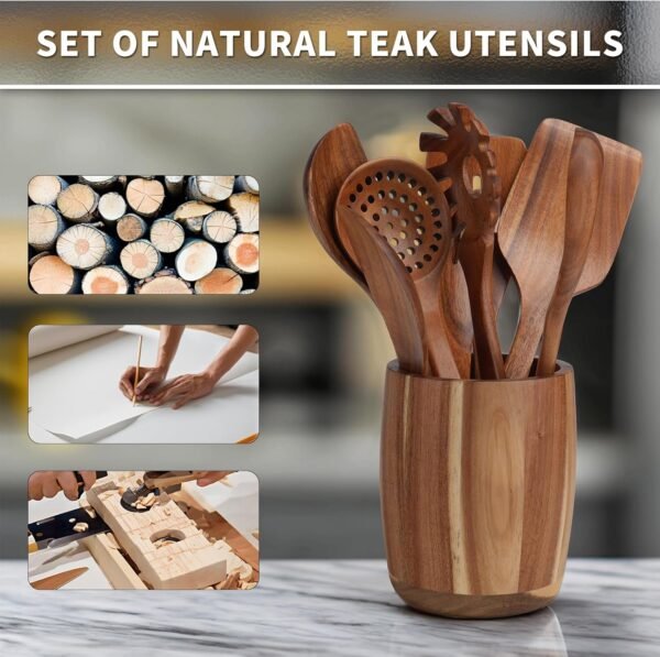 9 PCS Kitchen Utensils Set - Wooden Spoons for Cooking, Natural Teak Wooden Utensils - Includes Wooden Spoons, Spatula Set, Slotted Spoon - Handmade Wooden Spoon Set - Image 5