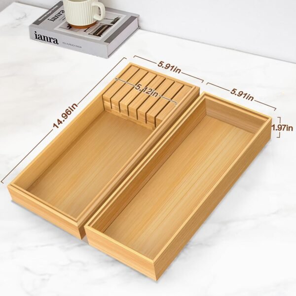 Bamboo Drawer Organizer, Bamboo Storage Box, Knife Drawer Organizer, Multifunctional Wooden Drawer Organizer 15" x 6" x 2" Set of 2 - Image 2