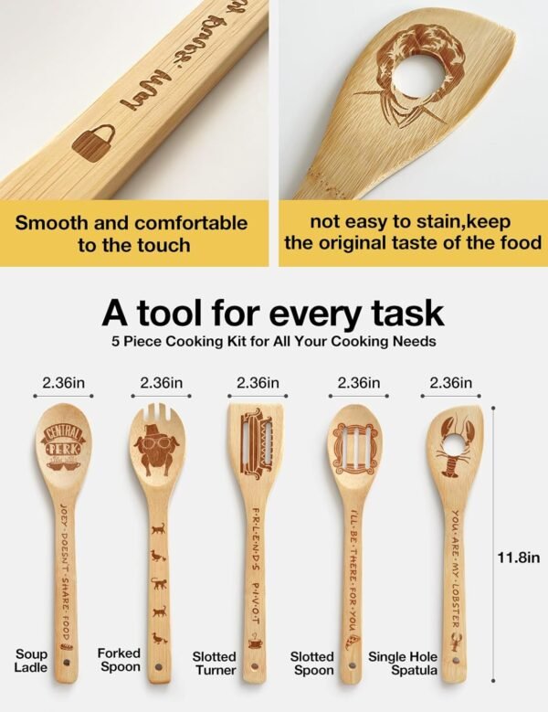 5Pcs Friends Wooden Cooking Spoons, Bamboo Spoons for Cooking Kitchen Utensils Set, Friends TV Show Merchandise, Novelty Friends TV Show Decor Kitchen Decor Accessories for Fans - Image 4
