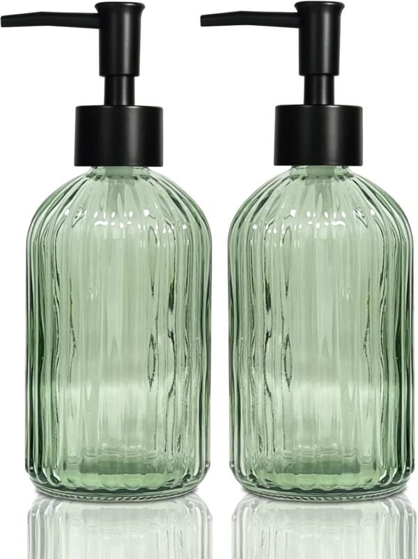 Green Glass Soap Dispenser Set with Black Pump, 13.5oz Refillable Liquid Hand Soap Dispenser, Lotion Dish Soap Dispenser for Modern Home Decor, Bathroom, Kitchen Countertop, Hotel(2 Pack)