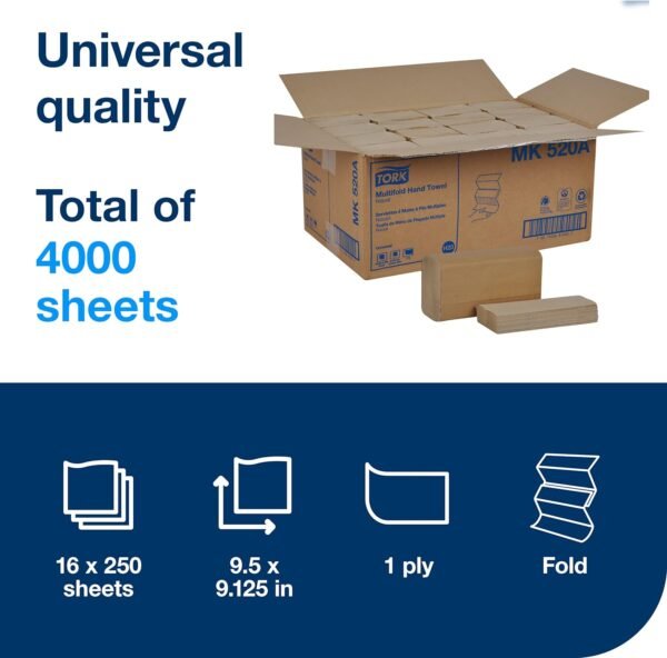 Tork Multifold Hand Towel Natural H2, Universal, 100% Recycled Fibers, 16 x 250 Sheets, MK520A - Image 2