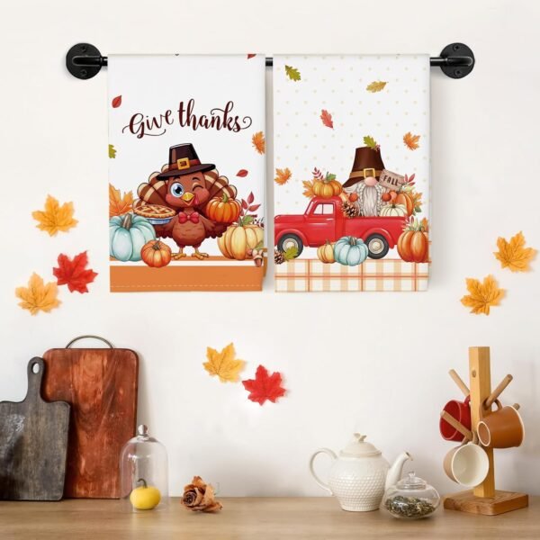 4 Pcs Thanksgiving Turkey Kitchen Towel 100% Cotton Fall Pumpkin Absorbent Dish Towel 27.5"x18.8", Housewarming Decorative Tea Towels for Dining Home - Image 2